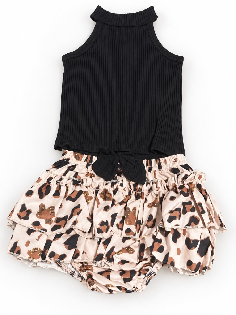Girls Black Ribbed Halter Top with Leopard Ruffle Skirted Bottoms